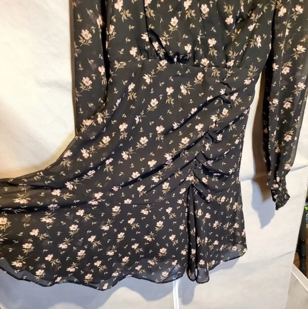 Farrow‎ Black Lined Floral Cocktail Ruching Mini Dress Small NWOT